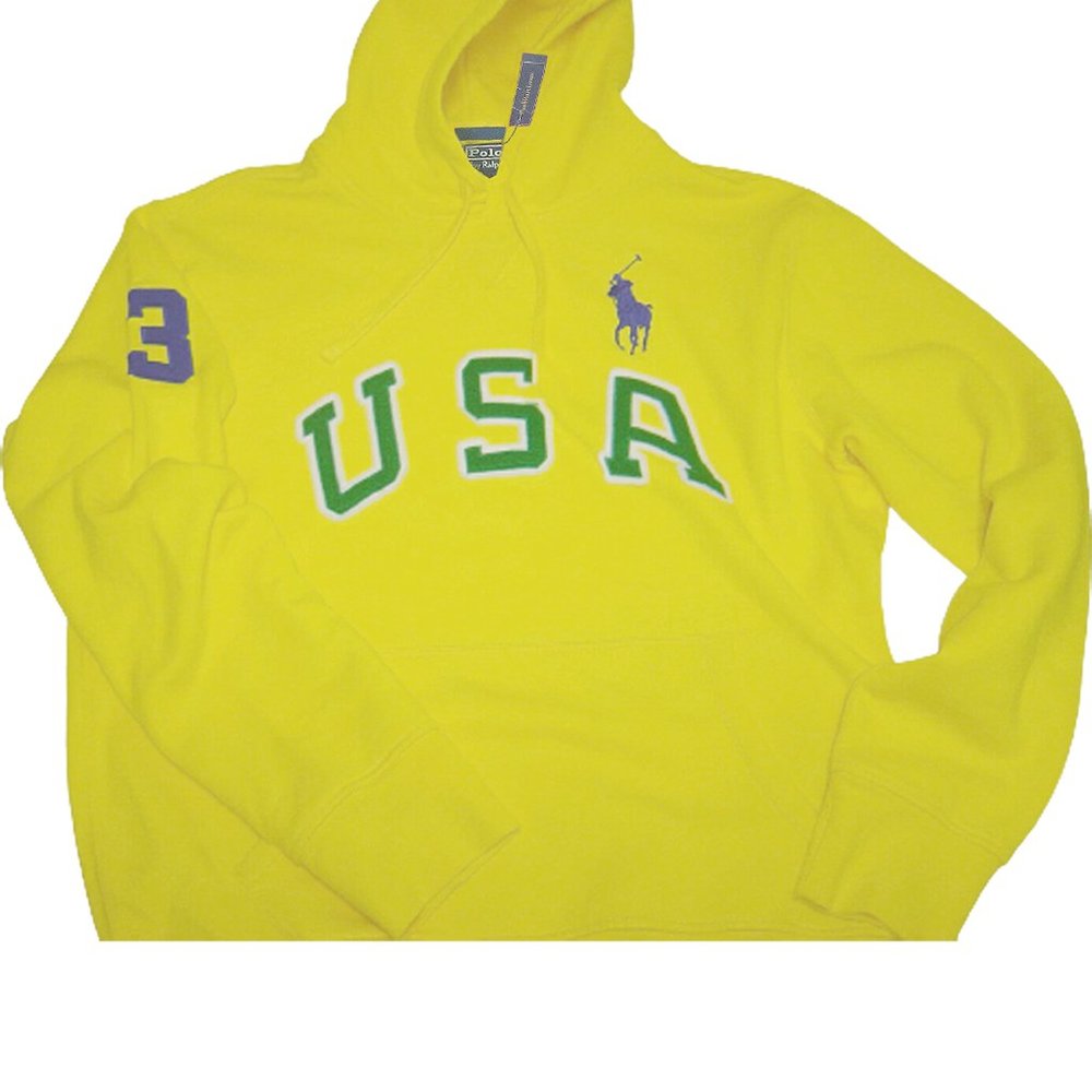 NEW Vintage Polo Ralph Lauren Hoodie Sweatshirt! Bright Yellow Huge USA Big Pony